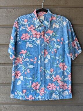 Kahala Blue Floral Short Sleeve Hawaiian Shirt with Pink Blooms Medium
